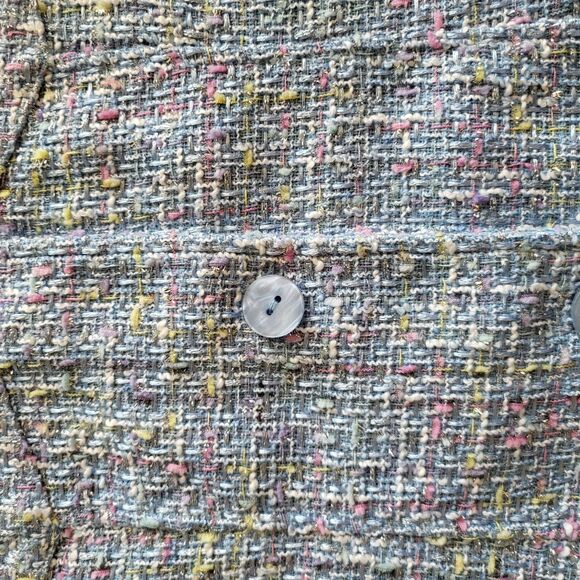 Womens Tweed Button Front Jacket Coat Blue Multi Fringe Trim Textured Chic Sm-M - Picture 10 of 10